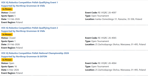 turnieje vex iq wPolsce 2026